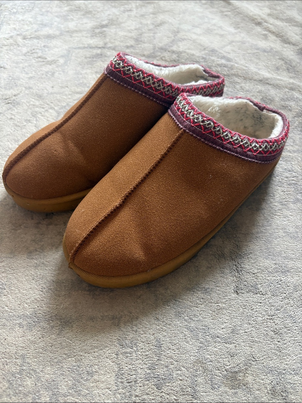 Cozy Brown Suede Slip-On Slippers with Red Trim